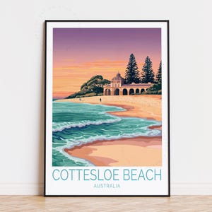 Affiche de voyage sur la plage de Cottesloe, Australie, art mural Australie, impression sur la plage de Cottesloe, décoration d'intérieur, cadeaux d'anniversaire, affiche de voyage personnalisée