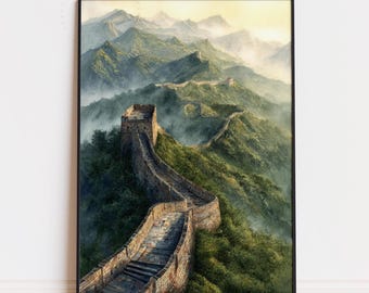 Great Wall of China Watercolor Poster | China Mountain Wall Art Print | Asia Travel Decor