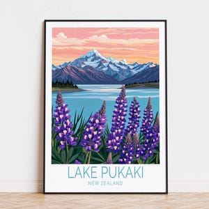 Poster de voyage du lac Pukaki en Nouvelle-Zélande, art mural néo-zélandais, impression du lac Pukaki, décoration d'intérieur, cadeaux d'anniversaire, affiche de voyage personnalisée