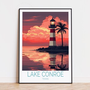 Poster de voyage sur le lac Conroe au Texas, art mural Texas, impression sur le lac Conroe, affiche phare du Texas, cadeaux d'anniversaire, décoration d'intérieur