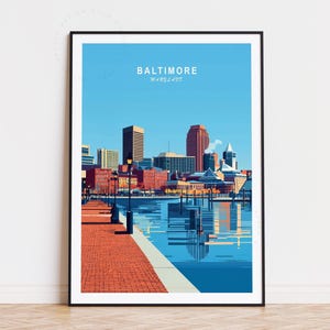 Póster de viaje de Baltimore, arte mural de Maryland, impresión de Baltimore, Maryland, regalo de cumpleaños, regalos de boda, paisaje urbano minimalista