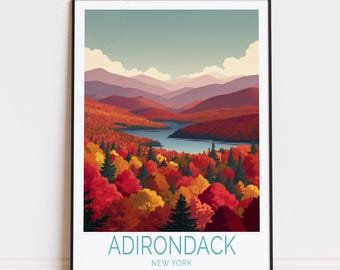 Poster de voyage dans les montagnes Adirondacks, art mural New York, impression Adirondack New York, cadeaux de pendaison de crémaillère, cadeau d'anniversaire