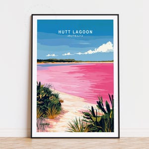 Póster de viaje de Hutt Lagoon Australia, arte mural de Australia, impresión de Hutt Lagoon Pink Lake, decoración del hogar, regalos de cumpleaños, póster de viaje personalizado