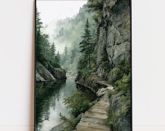 aquarelle des montagnes Adirondack | Impression d'art mural voyage paysage sentier forêt lac
