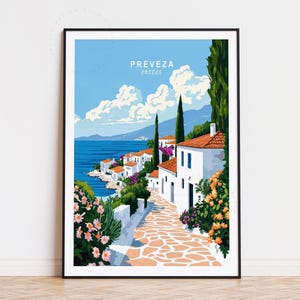 Poster di viaggio di Preveza, arte murale in Grecia, stampa di Preveza Epiro, Grecia, arredamento per la casa, regali di compleanno, poster di viaggio personalizzato, paesaggio urbano minimalista