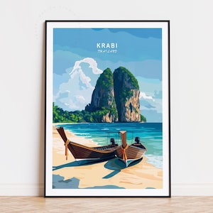 Poster de voyage Krabi, art mural Thaïlande, impression Krabi Thaïlande, cadeaux d'anniversaire, affiche de voyage personnalisée, décoration d'intérieur, paysage urbain minimaliste