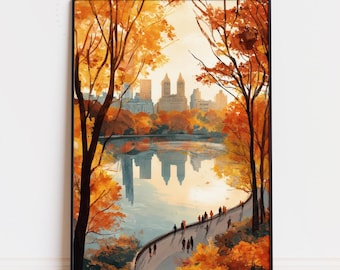 Central Park Autumn Travel Poster, New York City Print, Fall Landscape Wall Art, Watercolor Urban Decor, Birthday Gifts