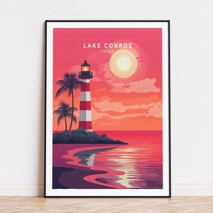 Poster de voyage sur le lac Conroe au Texas, art mural Texas, impression sur le lac Conroe au Texas, affiche phare du Texas, cadeau d'anniversaire, décoration d'intérieur