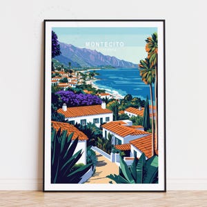 Poster de voyage Montecito, art mural Californie, impression Montecito Californie, cadeaux d'anniversaire, décoration d'intérieur, paysage urbain minimaliste