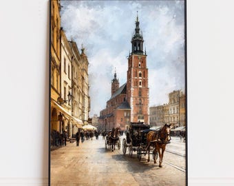 Krakow Poland Oil Painting Travel Poster, Historic Old Town Market Square Wall Art