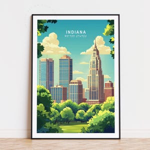 Poster di viaggio dell'Indiana, Stati Uniti, arte murale degli Stati Uniti, stampa dell'Indiana, regali di compleanno, arredamento per la casa, paesaggio urbano minimalista