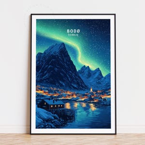 Poster de voyage Bodø Norvège, art mural Norvège, impression Bod, affiche de voyage personnalisée, cadeaux d'anniversaire, art des aurores boréales, décoration d'intérieur
