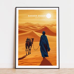 Póster de viaje por el desierto del Sahara, arte mural africano, impresión del desierto del Sahara, decoración del hogar, regalos de cumpleaños, paisaje urbano minimalista, póster de viaje personalizado