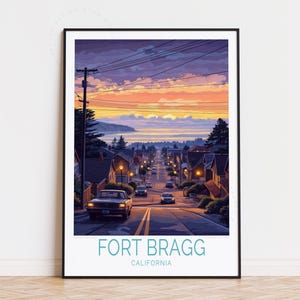 Poster de voyage à Fort Bragg en Californie, art mural californien, impression de Fort Bragg, affiche de voyage personnalisée, décoration d'intérieur, cadeaux d'anniversaire