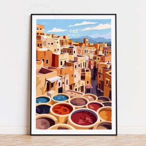 Poster de voyage Fès Maroc, art mural Maroc, impression Fès, cadeaux de pendaison de crémaillère, cadeau d'anniversaire, affiche de voyage personnalisée, paysage urbain minimaliste