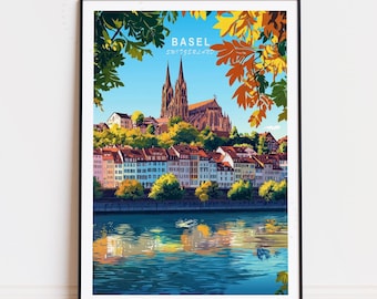 Reisposter Bazel, kunst aan de muur Zwitserland, afdruk Bazel Zwitserland, woondecoratie, minimalistische reisposter, verjaardagscadeaus