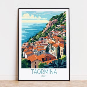 Poster de voyage Taormina, art mural Italie Sicile, impression Taormina Italie, décoration d'intérieur, cadeaux d'anniversaire, poster de voyage personnalisé