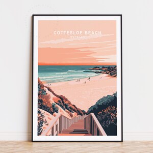 Poster de voyage sur la plage de Cottesloe, art mural Australie, impression sur la plage de Cottesloe en Australie, décoration d'intérieur, poster de voyage minimaliste, cadeaux d'anniversaire