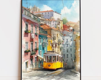 Poster acquerello di Lisbona, Portogallo / Stampa artistica da parete del tram di Lisbona / Decorazione da viaggio in Portogallo