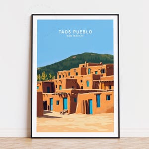Poster de voyage Taos Pueblo, art mural Nouveau-Mexique, impression Taos Pueblo, décoration d'intérieur, cadeaux d'anniversaire, affiche de voyage personnalisée, paysage urbain minimaliste