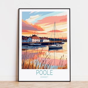 Affiche de voyage Poole Harbour, art mural Dorset, impression Poole Royaume-Uni, décoration d'intérieur, cadeaux d'anniversaire, affiche de voyage personnalisée
