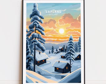 May include: A winter scene with a snowy landscape and a small village of wooden cabins. The sky is a vibrant orange and yellow with a bright sun shining. The text "LAPLAND FINLAND" is at the top of the image.