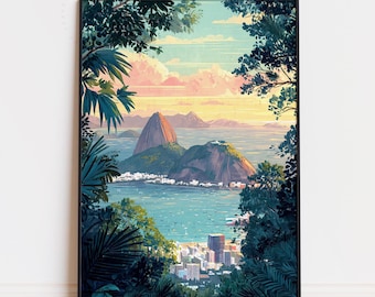 Rio de Janeiro Brazil Oil Painting Poster | Sugarloaf View Wall Art Print | Brazil Travel Decor