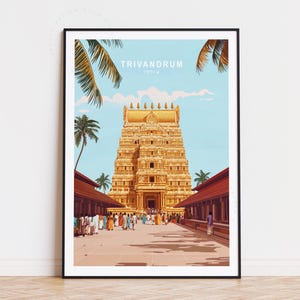 Póster de viaje de Trivandrum, arte mural de la India, impresión de Trivandrum Kerala, decoración del hogar, regalos de cumpleaños, paisaje urbano minimalista, póster de viaje personalizado