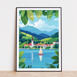 Pôster de viagem do Lago Wörthersee, Áustria, Arte de parede da Áustria, Impressão do Lago Wörthersee, Presentes de inauguração, Presente de aniversário, Paisagem urbana minimalista