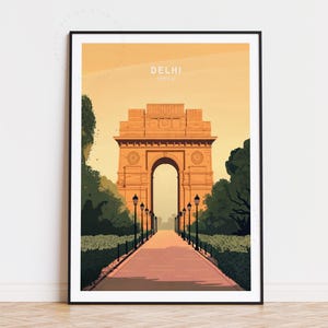 Poster de voyage à Delhi, oeuvre d'art murale en Inde, impression porte de l'Inde de Delhi, affiche de voyage personnalisée, cadeaux d'anniversaire, paysage urbain minimaliste, décoration d'intérieur