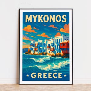 Poster di viaggio di Mykonos, Grecia, arte murale greca, stampa di Mykonos, arredamento per la casa, regali di compleanno, poster di viaggio personalizzato