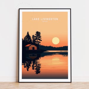 Poster de voyage sur le lac Livingston au Texas, art mural Texas, impression sur le lac Livingston, cadeaux d'anniversaire, décoration d'intérieur, paysage urbain minimaliste