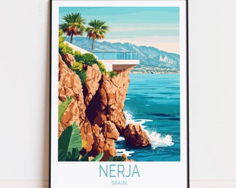 May include: A framed art print featuring a coastal scene of Nerja, Spain. The artwork depicts a cliffside with palm trees, a white balcony overlooking the turquoise sea, and the text "Nerja Spain" at the bottom. The color palette includes shades of blue, orange, and green.