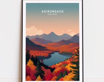 Poster de voyage dans les montagnes Adirondack, art mural New York, impression Adirondack, décoration d'intérieur, cadeaux d'anniversaire, paysage urbain minimaliste