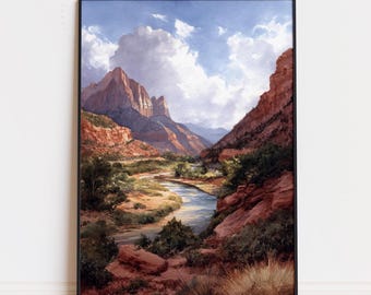 Zion National Park Utah Watercolor Print – The Watchman Landscape Wall Art, Travel Poster