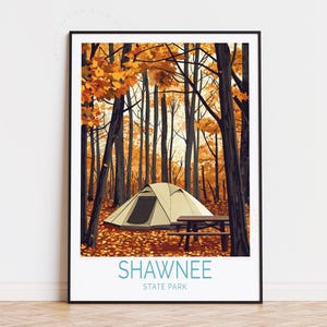 Affiche de voyage camping Shawnee State Park, art mural Pennsylvanie, impression Shawnee State Park, décoration d'intérieur, cadeau d'anniversaire, cadeaux personnalisés