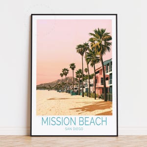 Póster de viaje de Mission Beach, California, arte mural de San Diego, impresión de Mission Beach, regalo de cumpleaños, decoración del hogar, póster de viaje personalizado