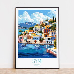 Póster de viaje de Symi, Grecia, arte mural de Grecia, impresión de Symi, regalos de inauguración, regalo de cumpleaños, póster de viaje personalizado