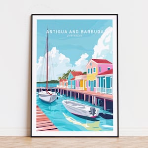 Póster de viaje de Antigua y Barbuda, arte mural caribeño, impresión de Antigua y Barbuda, regalos de cumpleaños, decoración del hogar, paisaje urbano minimalista