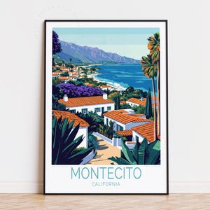 Affiche de voyage Montecito en Californie, art mural Californie, impression Montecito, décoration d'intérieur, cadeau d'anniversaire, affiche de voyage personnalisée