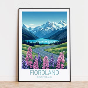 Poster de voyage du parc national du Fiordland, art mural néo-zélandais, impression Fiordland, cadeau d'anniversaire, poster de voyage personnalisé, décoration d'intérieur
