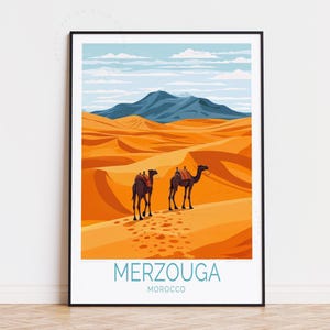 Affiche de voyage Merzouga Maroc, art mural Maroc, impression désert du Sahara de Merzouga, cadeaux d'anniversaire, décoration d'intérieur, affiche de voyage personnalisée