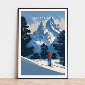 Poster turistico di Jackson Hole, Wyoming, arte murale del Wyoming, stampa delle montagne di Jackson Hole, regali di compleanno, arredamento per la casa, paesaggio urbano minimalista
