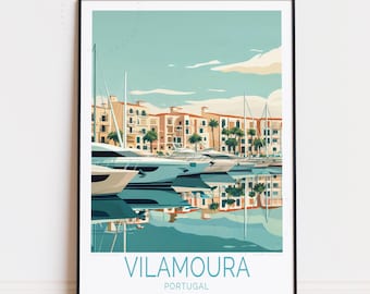 Póster de viaje de Vilamoura, Portugal, arte mural de Portugal, impresión de Vilamoura, decoración del hogar, regalos de cumpleaños, póster de viaje personalizado