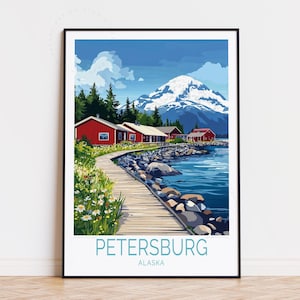 Póster de viaje de Petersburg a Alaska, arte mural de Alaska, impresión de Petersburg, decoración del hogar, regalos de cumpleaños, póster de viaje personalizado