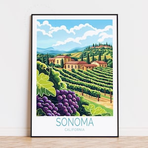 Poster de voyage Sonoma en Californie, art mural Californie, impression Sonoma, décoration d'intérieur, art mural vignoble, cadeau d'anniversaire, cadeaux personnalisés