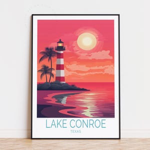 Poster turistico del lago Conroe, arte murale del Texas, stampa del lago Conroe, Texas, poster del faro del Texas, regalo di compleanno, regali di inaugurazione della casa