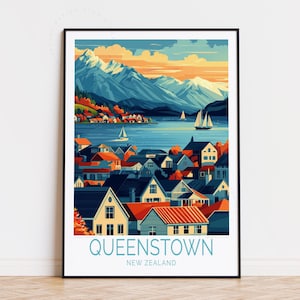 Poster de voyage à Queenstown en Nouvelle-Zélande, art mural néo-zélandais, impression Queenstown, décoration d'intérieur, cadeaux d'anniversaire, poster de voyage personnalisé