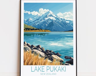 Lake Pukaki Travel Poster, New Zealand Wall Art, Lake Pukaki Print, Housewarming Gifts, Personalised Travel Poster, Birthday Present
