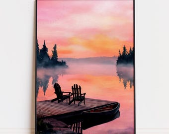 Muskoka Canada – Watercolor Travel Poster Print Lake Sunset Cottage Art Wall Decor Landscape
